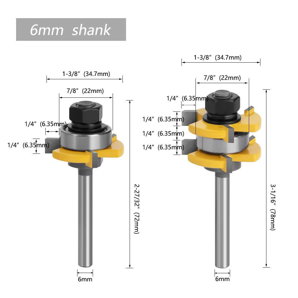 2Pcs 6Mm 1/4" Shank Tongue & Groove Router Bits 3/4" Stock 3 Teeth T-Shape Tenon Milling Cutter for Wood Woodworking Tools