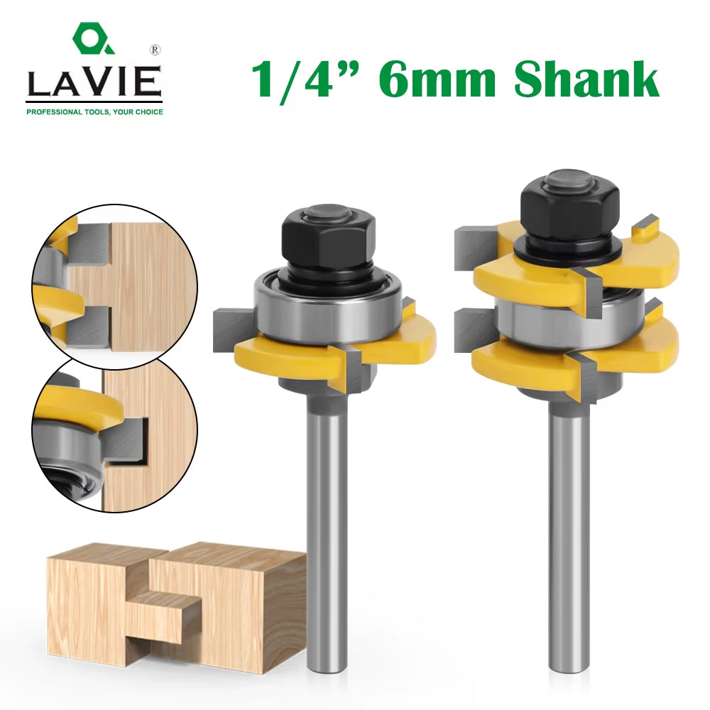 2Pcs 6Mm 1/4" Shank Tongue & Groove Router Bits 3/4" Stock 3 Teeth T-Shape Tenon Milling Cutter for Wood Woodworking Tools