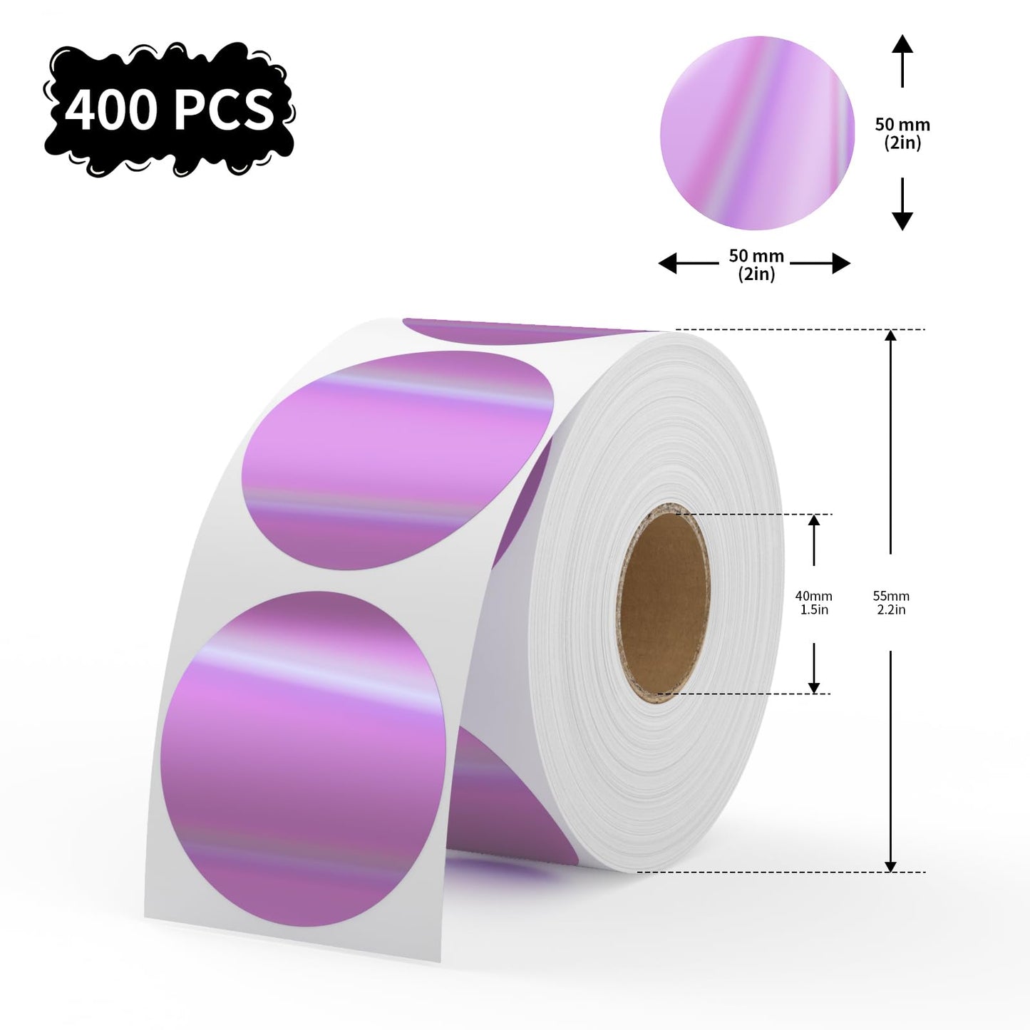 2 Inch Circle Holographic Thermal Label 400pcs Thermal Printer Stickers, Silver Printable Thermal Label for Small Business Logo Design Waterproof Round Stickers Roll