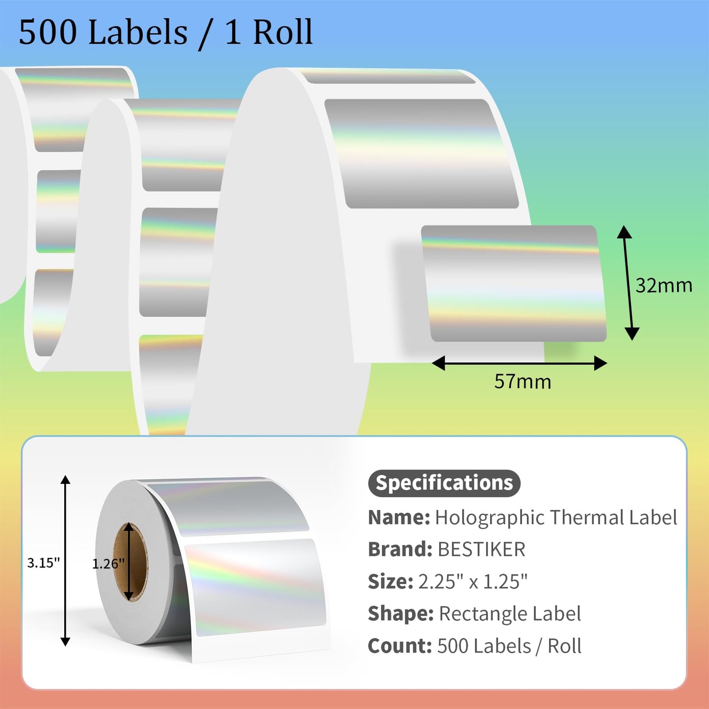 2 Inch Circle Holographic Thermal Label 400pcs Thermal Printer Stickers, Silver Printable Thermal Label for Small Business Logo Design Waterproof Round Stickers Roll