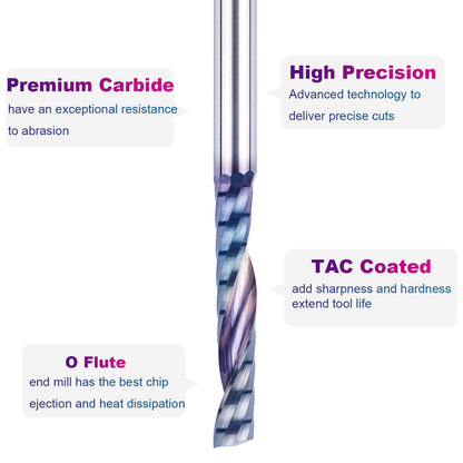 SpeTool 1/4 Shank Single Flute Router Bit with Extra Long Life Coating ,Solid Carbide O Flute End Mill Spiral Upcut Bit for CNC Aluminum Cutter