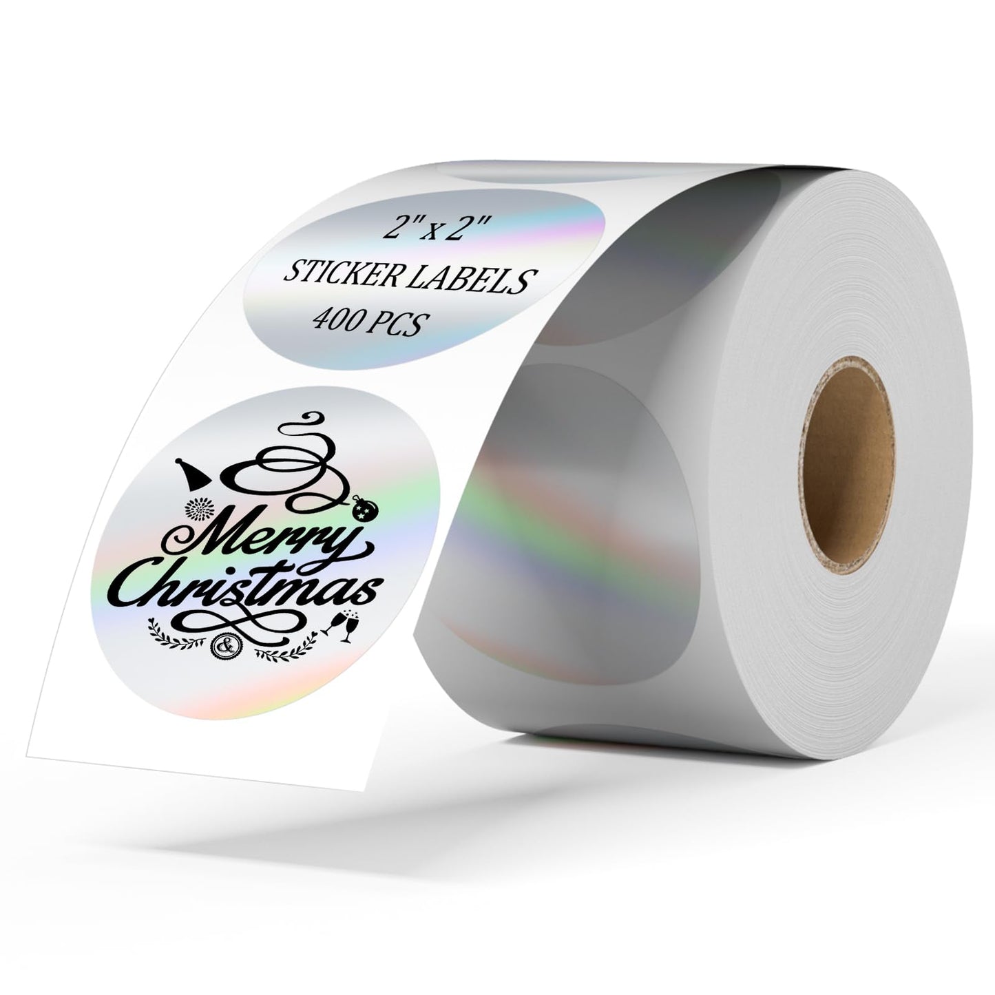 2 Inch Circle Holographic Thermal Label 400pcs Thermal Printer Stickers, Silver Printable Thermal Label for Small Business Logo Design Waterproof Round Stickers Roll
