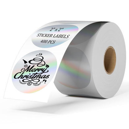 2 Inch Circle Holographic Thermal Label 400pcs Thermal Printer Stickers, Silver Printable Thermal Label for Small Business Logo Design Waterproof Round Stickers Roll