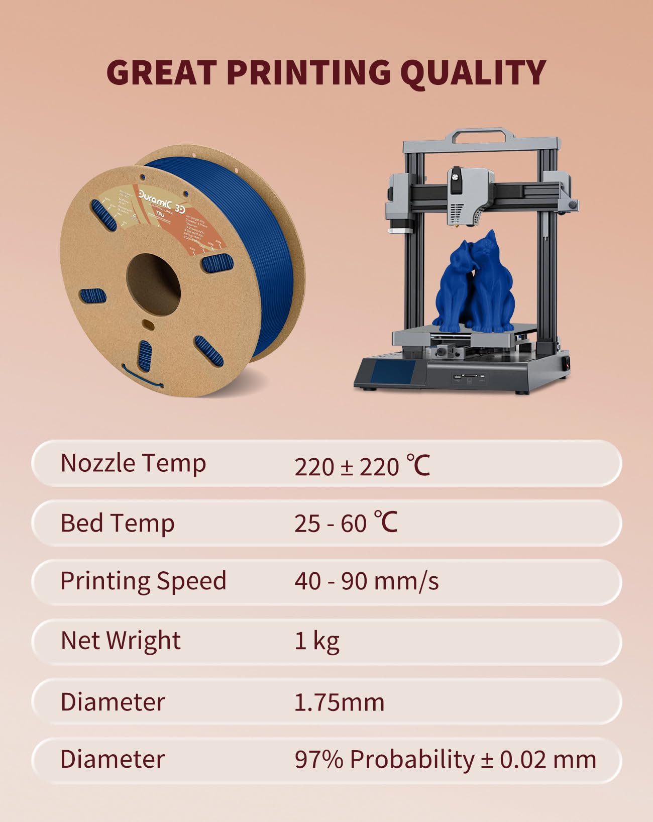 DURAMIC 3D TPU Filament 1.75mm Black, TPU Flexible Filament 95A, Soft TPU 3D Printing Filament, 1kg Spool, Dimensional Accuracy +/- 0.05mm, Black 1 Pack