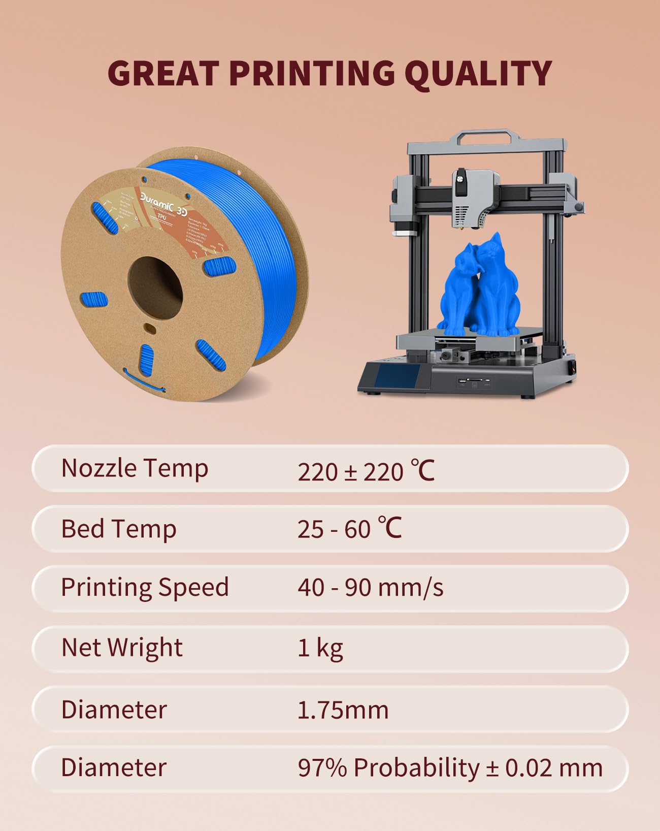 DURAMIC 3D TPU Filament 1.75mm Black, TPU Flexible Filament 95A, Soft TPU 3D Printing Filament, 1kg Spool, Dimensional Accuracy +/- 0.05mm, Black 1 Pack
