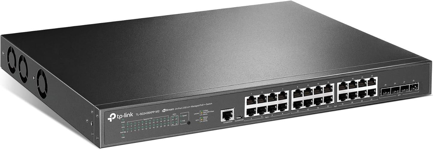TP-Link Jetstream 24-Port 2.5GBASE-T, 4 10GE SFP+ L2+ Managed Switch with 16-Port PoE+ & 8-Port PoE++ (TL-SG3428XPP-M2) - 24× 2.5 Gbps Ports, Omada SDN Integrated, Cloud Access, Robust Security & QoS