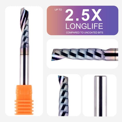 SpeTool 1/4 Shank Single Flute Router Bit with Extra Long Life Coating ,Solid Carbide O Flute End Mill Spiral Upcut Bit for CNC Aluminum Cutter