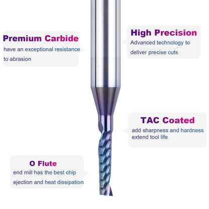 SpeTool 1/4 Shank Single Flute Router Bit with Extra Long Life Coating ,Solid Carbide O Flute End Mill Spiral Upcut Bit for CNC Aluminum Cutter