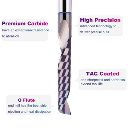 SpeTool 1/4 Shank Single Flute Router Bit with Extra Long Life Coating ,Solid Carbide O Flute End Mill Spiral Upcut Bit for CNC Aluminum Cutter