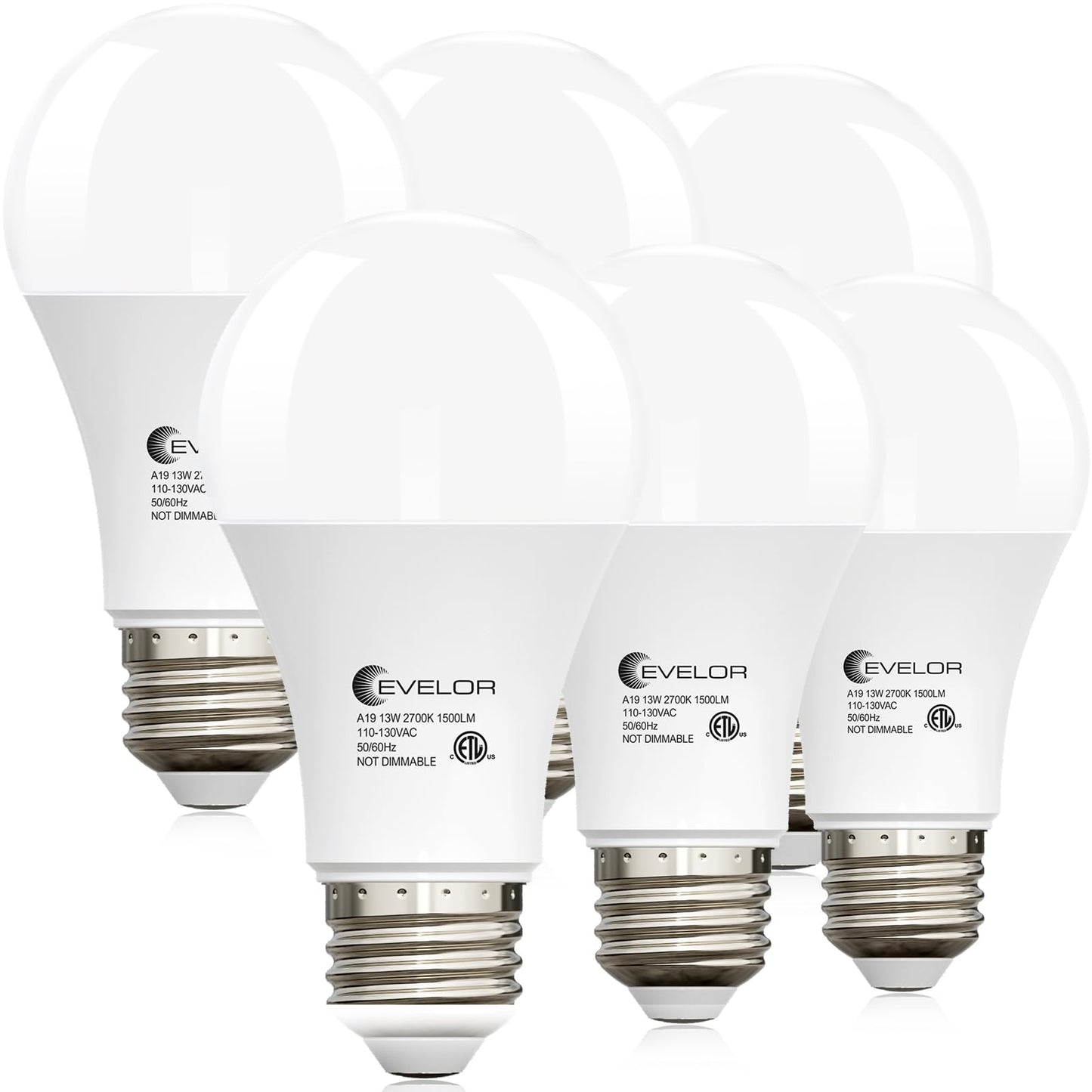 evelor A19 LED Light Bulbs,100 Watt Equivalent Daylight 5000K Efficient 13W,1500 Lumens Bright Lightbulbs,E26 Base, Non-Dimmable, 15000-Hour Lifespan for Bedroom, Living Room, Office, 6-Packs