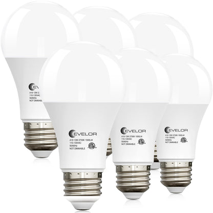 evelor A19 LED Light Bulbs,100 Watt Equivalent Daylight 5000K Efficient 13W,1500 Lumens Bright Lightbulbs,E26 Base, Non-Dimmable, 15000-Hour Lifespan for Bedroom, Living Room, Office, 6-Packs
