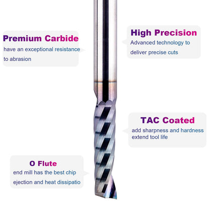 SpeTool 1/4 Shank Single Flute Router Bit with Extra Long Life Coating ,Solid Carbide O Flute End Mill Spiral Upcut Bit for CNC Aluminum Cutter