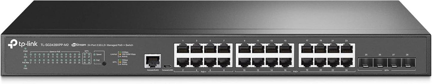 TP-Link Jetstream 24-Port 2.5GBASE-T, 4 10GE SFP+ L2+ Managed Switch with 16-Port PoE+ & 8-Port PoE++ (TL-SG3428XPP-M2) - 24× 2.5 Gbps Ports, Omada SDN Integrated, Cloud Access, Robust Security & QoS