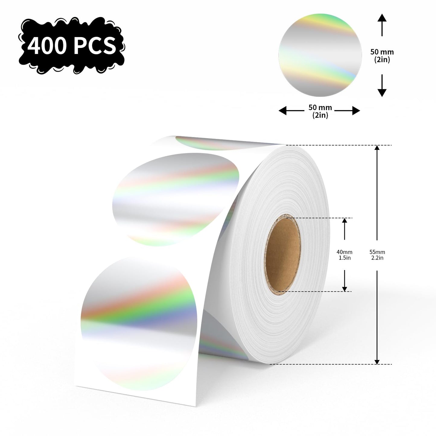 2 Inch Circle Holographic Thermal Label 400pcs Thermal Printer Stickers, Silver Printable Thermal Label for Small Business Logo Design Waterproof Round Stickers Roll