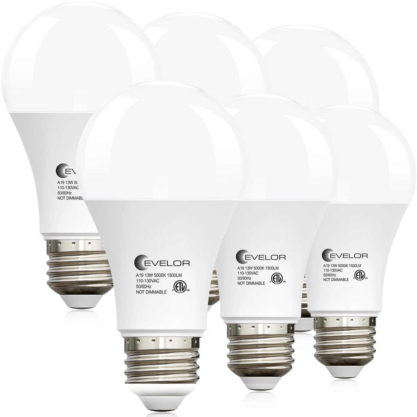 evelor A19 LED Light Bulbs,100 Watt Equivalent Daylight 5000K Efficient 13W,1500 Lumens Bright Lightbulbs,E26 Base, Non-Dimmable, 15000-Hour Lifespan for Bedroom, Living Room, Office, 6-Packs