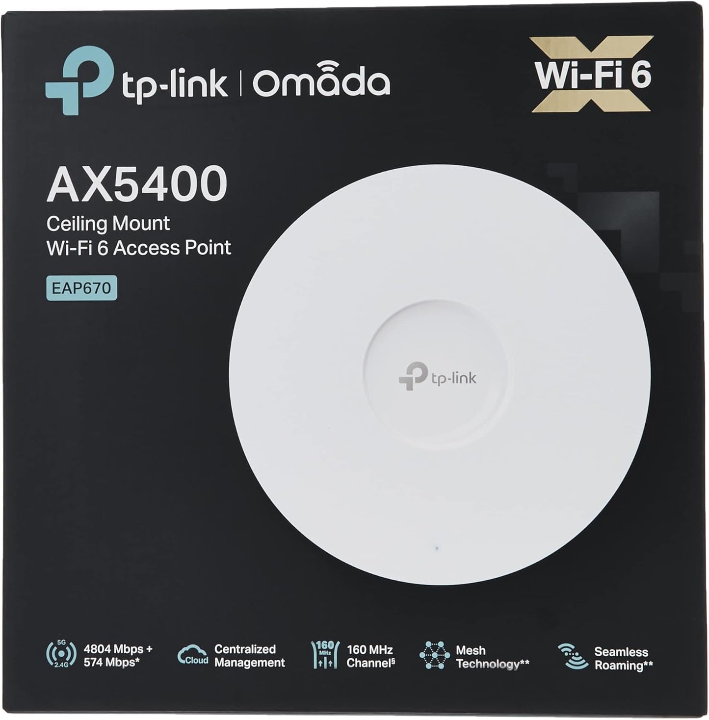 TP-Link Omada Business WiFi 6 AX5400 2.5G Ceiling Mount Access Point (EAP670) - Support Mesh, OFDMA, Seamless Roaming, HE160 & MU-MIMO, SDN Integrated, Cloud Access & Omada App, PoE+ Powered, White
