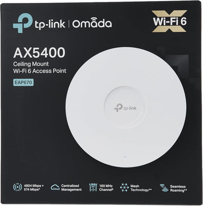 TP-Link Omada Business WiFi 6 AX5400 2.5G Ceiling Mount Access Point (EAP670) - Support Mesh, OFDMA, Seamless Roaming, HE160 & MU-MIMO, SDN Integrated, Cloud Access & Omada App, PoE+ Powered, White