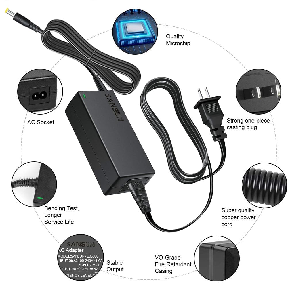 12V 5A Power Supply, AC 120V to DC12V 5.5x2.1mm Jack Converter, 12 Volt LED Driver 60W Adapter Transformer for Strip Lights, Surveillance Cameras, External HDD, Monitor, CCTV (Pack of 1)