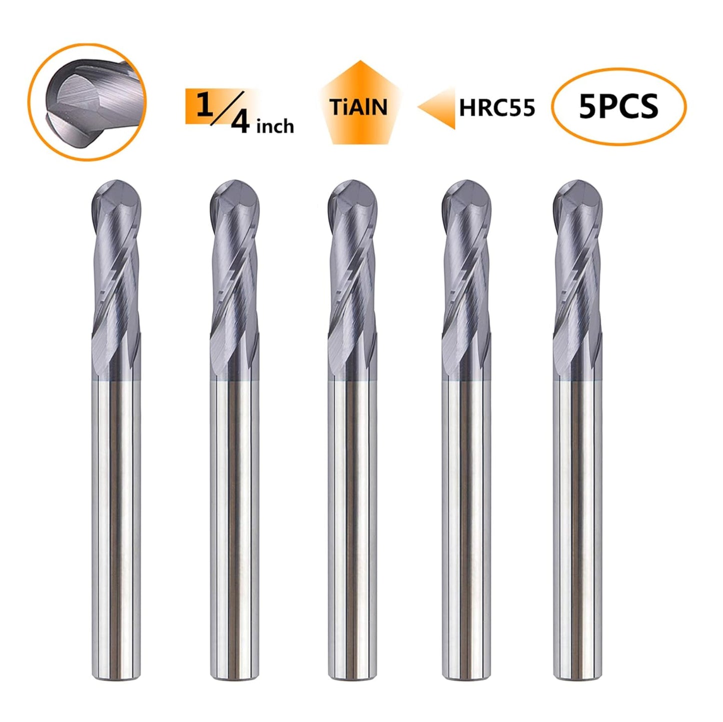 SpeTool 5PCS Ball Nose End Mill Cutter CNC Router Bits Double Flute HRC55 Spiral Milling Tool 1/4 Inch Shank 2-1/2 Inch Length OVL