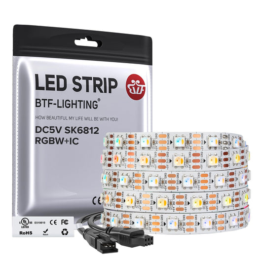 BTF-LIGHTING UL Listed SK6812 (Similar WS2812B) RGBW IC Individually Addressable LED Strip 4 Colors in 1 LED RGB+Warm White 3000K Chasing Lighting Effect 1M 144LED/m White PCB DC5V IP65(Strip Only)