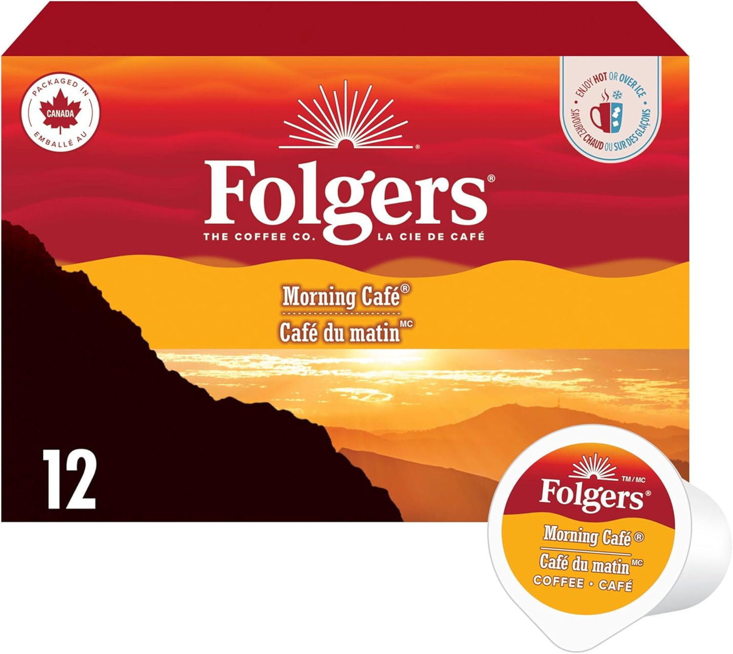 Folgers Classic Roast Medium Coffee Pods, Single Serve One Cup Pods made with Arabica Beans for Hot or Iced Drinks, 12 Count (Pack of 1)