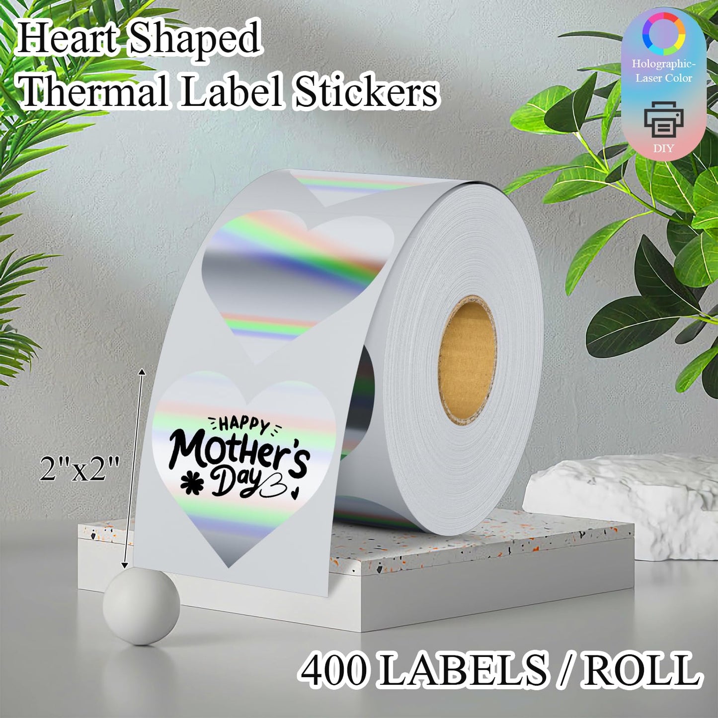 2 Inch Circle Holographic Thermal Label 400pcs Thermal Printer Stickers, Silver Printable Thermal Label for Small Business Logo Design Waterproof Round Stickers Roll