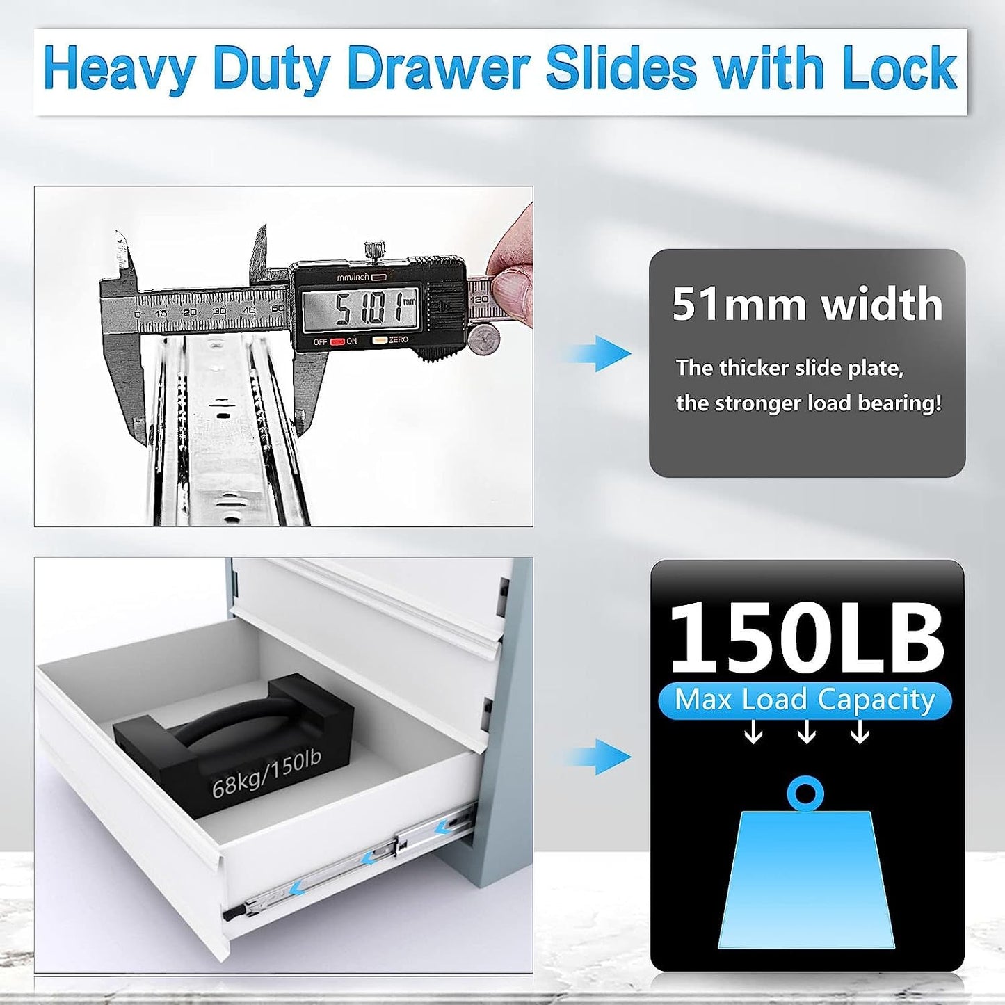 SHUHANG Heavy Duty Drawer Slides Full Extension 12 14 16 18 20 22 24 26 28 30 32 34 36 38 40 Inch (51mm -Without Lock, 34 inch)