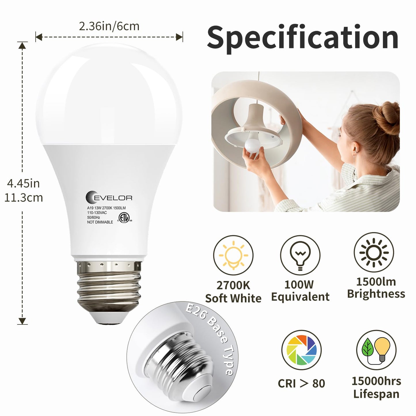 evelor A19 LED Light Bulbs,100 Watt Equivalent Daylight 5000K Efficient 13W,1500 Lumens Bright Lightbulbs,E26 Base, Non-Dimmable, 15000-Hour Lifespan for Bedroom, Living Room, Office, 6-Packs