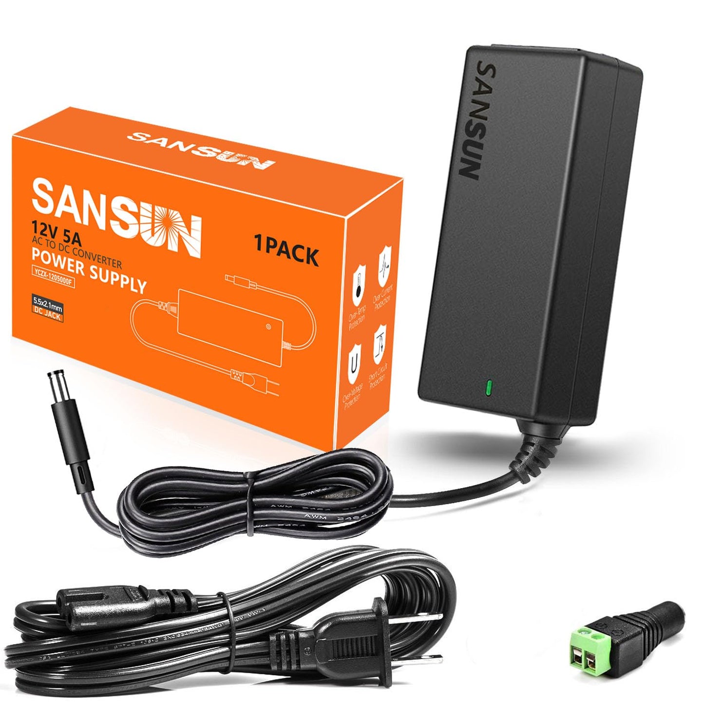 12V 5A Power Supply, AC 120V to DC12V 5.5x2.1mm Jack Converter, 12 Volt LED Driver 60W Adapter Transformer for Strip Lights, Surveillance Cameras, External HDD, Monitor, CCTV (Pack of 1)