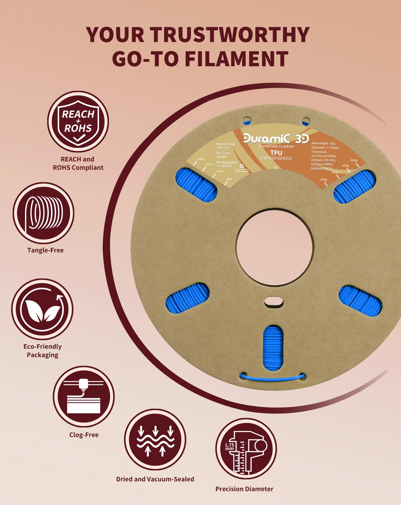 DURAMIC 3D TPU Filament 1.75mm Black, TPU Flexible Filament 95A, Soft TPU 3D Printing Filament, 1kg Spool, Dimensional Accuracy +/- 0.05mm, Black 1 Pack