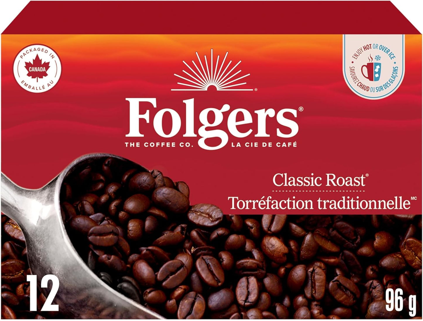 Folgers Classic Roast Medium Coffee Pods, Single Serve One Cup Pods made with Arabica Beans for Hot or Iced Drinks, 12 Count (Pack of 1)