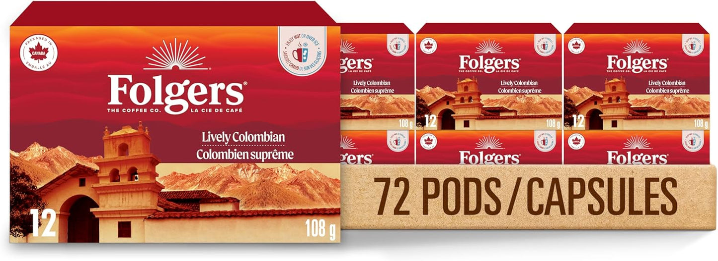 Folgers Classic Roast Medium Coffee Pods, Single Serve One Cup Pods made with Arabica Beans for Hot or Iced Drinks, 12 Count (Pack of 1)