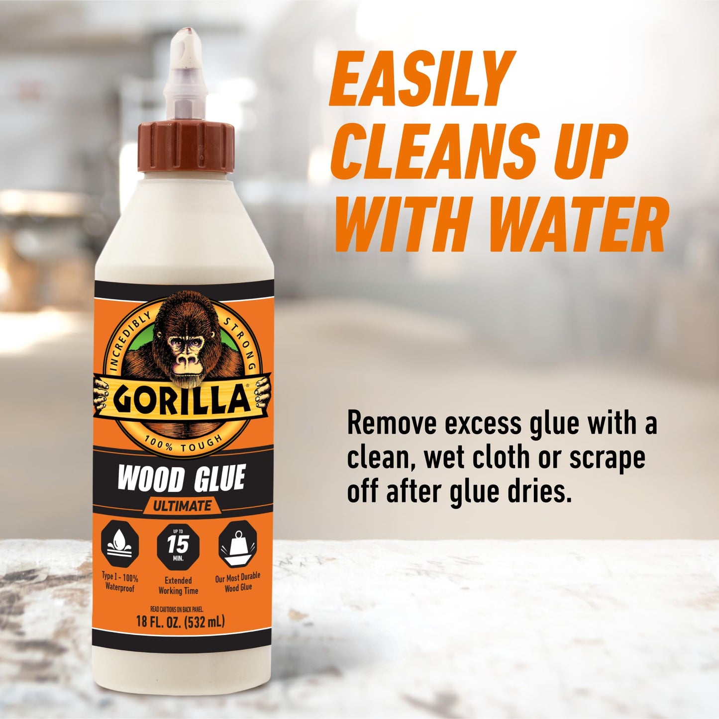 Gorilla Wood Glue, Gel, Indoor & Outdoor Carpentry Projects, Paintable, Sandable, Moisture Resistant, Clamping, Natural Color, 18oz/532mL, (Pack of 1)