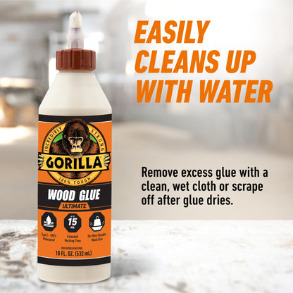 Gorilla Wood Glue, Gel, Indoor & Outdoor Carpentry Projects, Paintable, Sandable, Moisture Resistant, Clamping, Natural Color, 18oz/532mL, (Pack of 1)