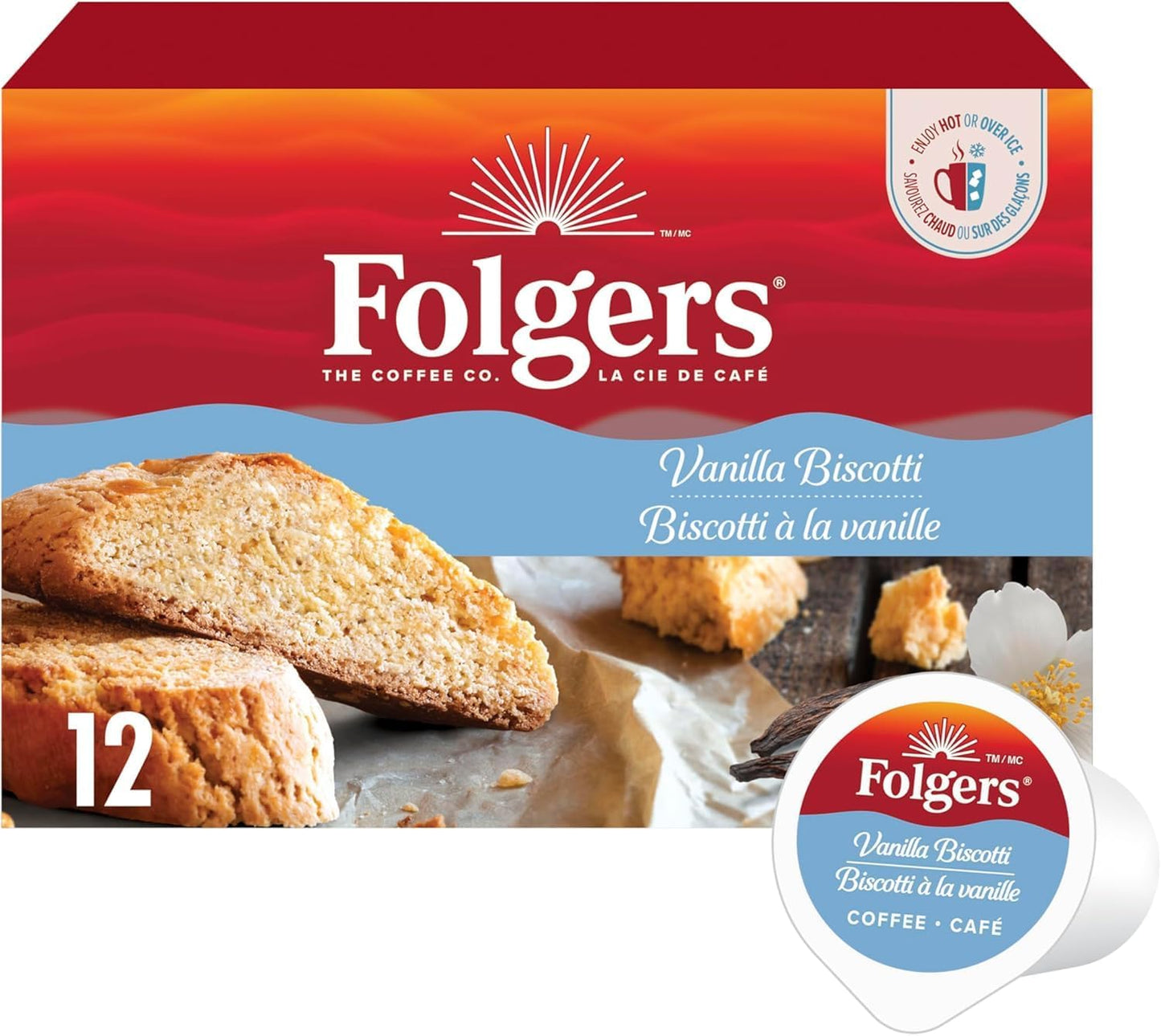 Folgers Classic Roast Medium Coffee Pods, Single Serve One Cup Pods made with Arabica Beans for Hot or Iced Drinks, 12 Count (Pack of 1)