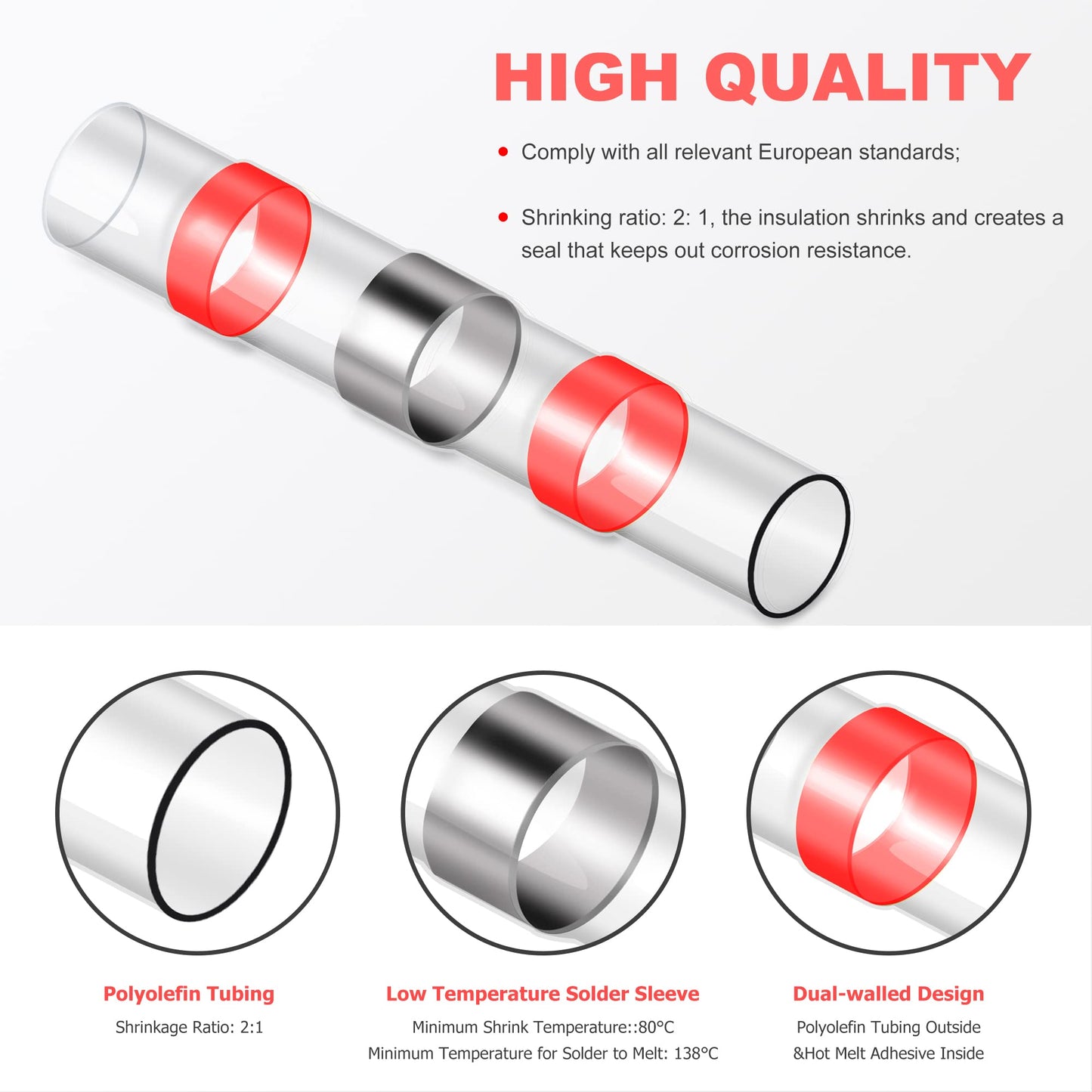 280PCS White Solder Seal Wire Connectors, AWG 26-24 Marine Grade Waterproof Solder Wire Connectors, Insulated Heat Shrink Butt Connectors (Shrink Ratio: 2:1)