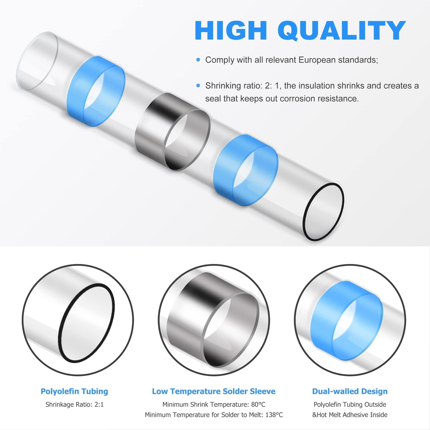280PCS White Solder Seal Wire Connectors, AWG 26-24 Marine Grade Waterproof Solder Wire Connectors, Insulated Heat Shrink Butt Connectors (Shrink Ratio: 2:1)