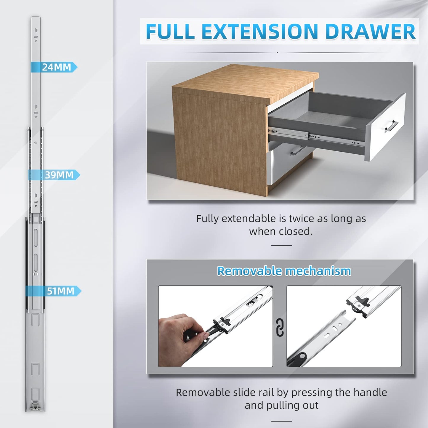 SHUHANG Heavy Duty Drawer Slides Full Extension 12 14 16 18 20 22 24 26 28 30 32 34 36 38 40 Inch (51mm -Without Lock, 34 inch)