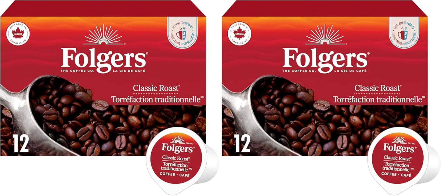 Folgers Classic Roast Medium Coffee Pods, Single Serve One Cup Pods made with Arabica Beans for Hot or Iced Drinks, 12 Count (Pack of 1)