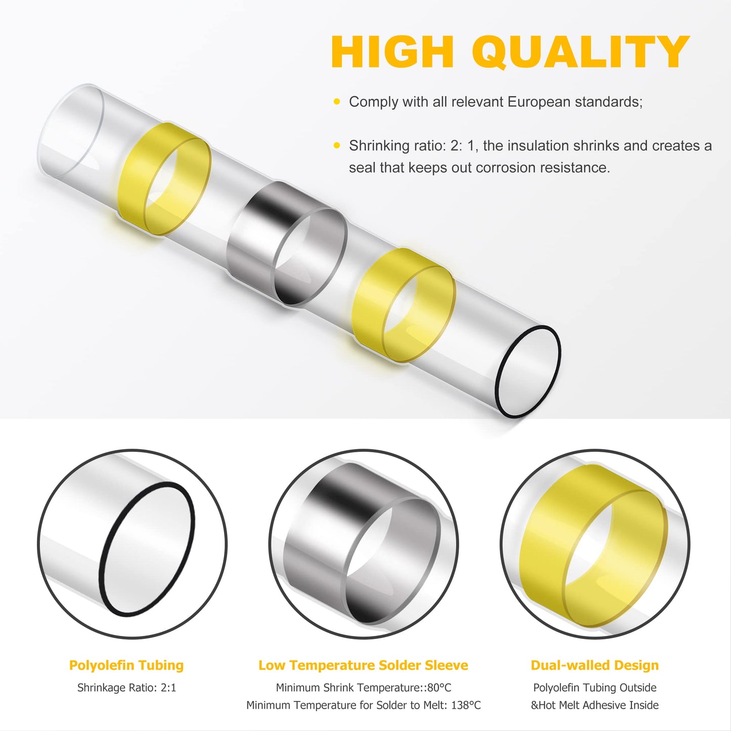 280PCS White Solder Seal Wire Connectors, AWG 26-24 Marine Grade Waterproof Solder Wire Connectors, Insulated Heat Shrink Butt Connectors (Shrink Ratio: 2:1)
