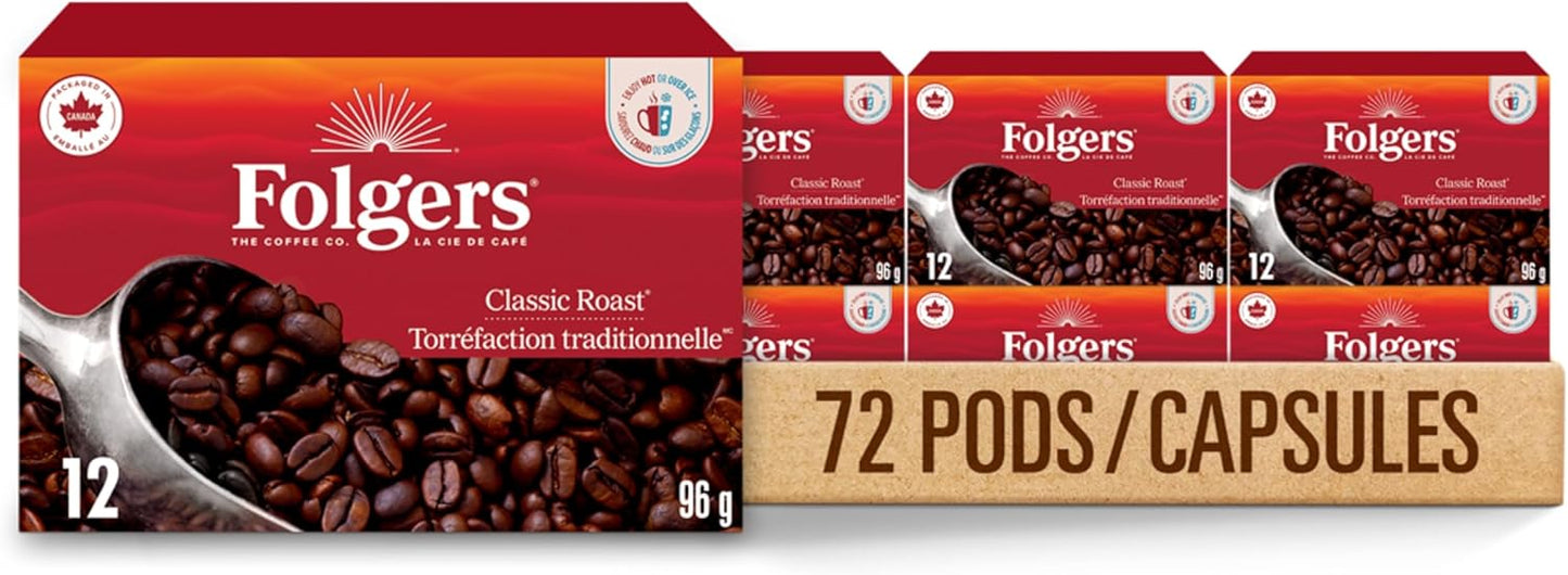 Folgers Classic Roast Medium Coffee Pods, Single Serve One Cup Pods made with Arabica Beans for Hot or Iced Drinks, 12 Count (Pack of 1)