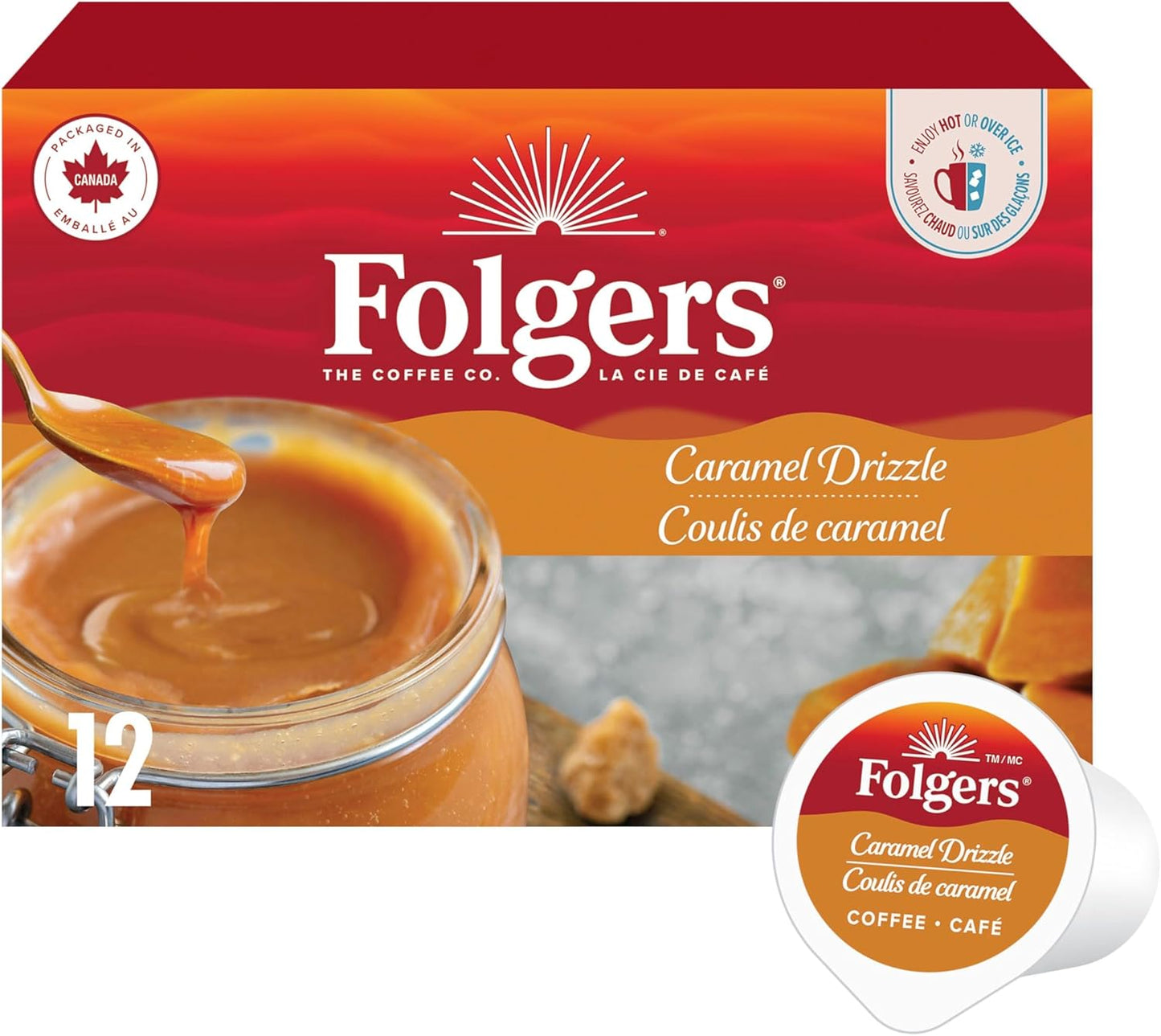 Folgers Classic Roast Medium Coffee Pods, Single Serve One Cup Pods made with Arabica Beans for Hot or Iced Drinks, 12 Count (Pack of 1)