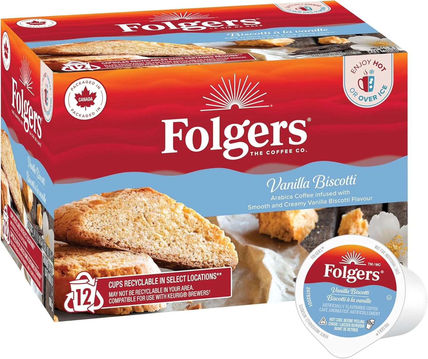 Folgers Classic Roast Medium Coffee Pods, Single Serve One Cup Pods made with Arabica Beans for Hot or Iced Drinks, 12 Count (Pack of 1)