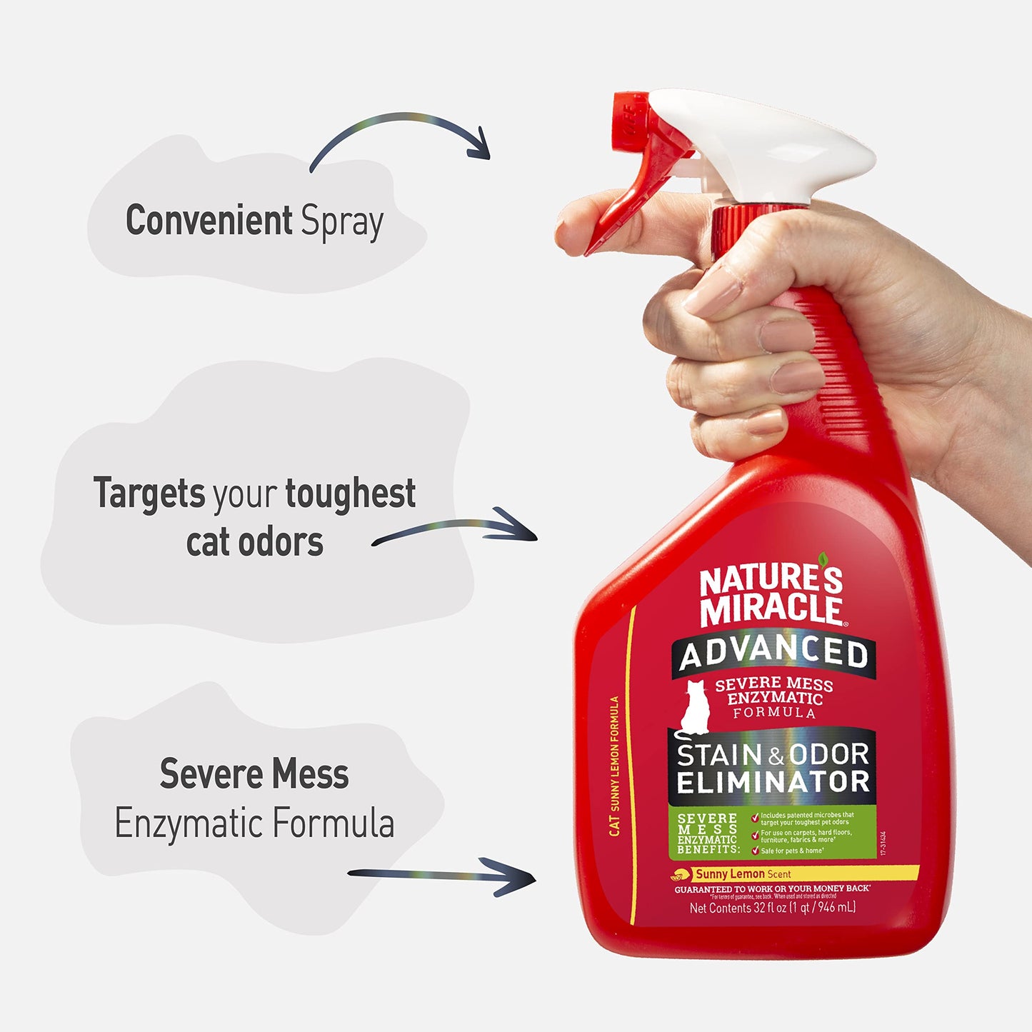 Nature’s Miracle Advanced Stain and Odor Eliminator Cat, 32 Ounces, 1 Gallon, Pour, Fresh Scent, Severe Mess Enzymatic Formula For Tough Pet Messes