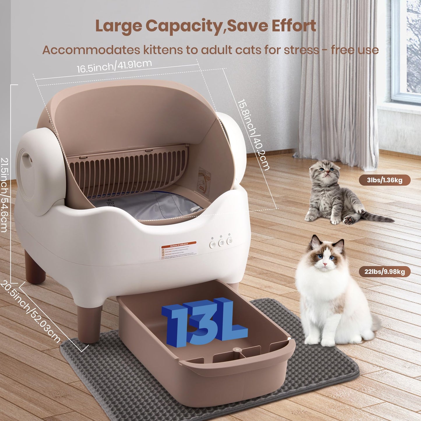KITPLUS Self Cleaning Litter Box for Multiple Cats, Automatic Cat Litter Box with APP Control, Large Capacity Waste Bin for Odor-Free Disposal, Includes Trash Bags and Safety Features, Open-Top Design