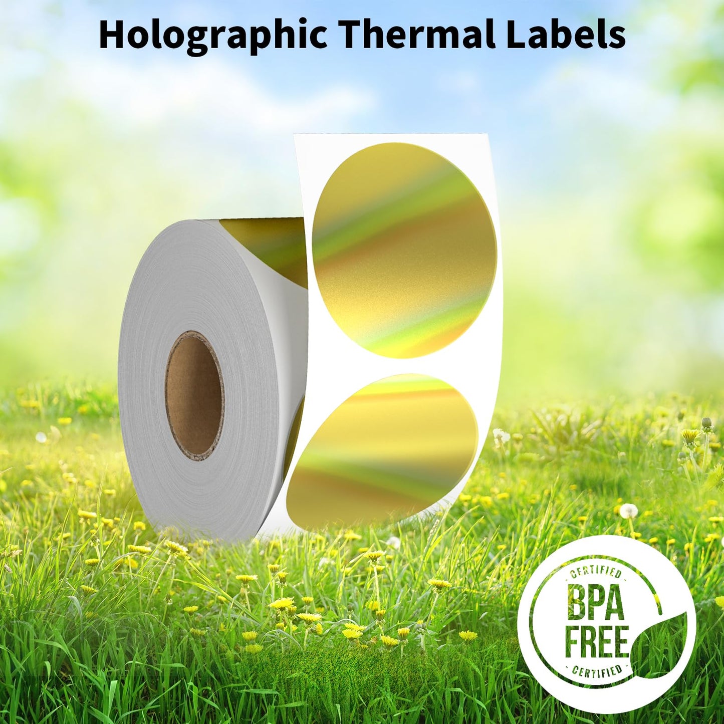 2 Inch Circle Holographic Thermal Label 400pcs Thermal Printer Stickers, Silver Printable Thermal Label for Small Business Logo Design Waterproof Round Stickers Roll