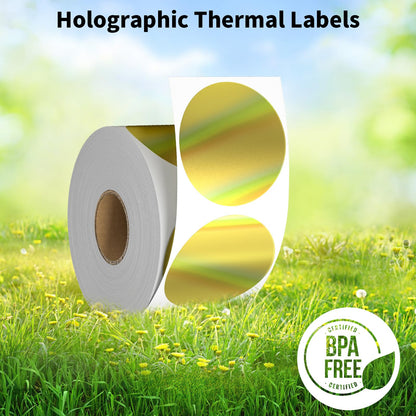 2 Inch Circle Holographic Thermal Label 400pcs Thermal Printer Stickers, Silver Printable Thermal Label for Small Business Logo Design Waterproof Round Stickers Roll