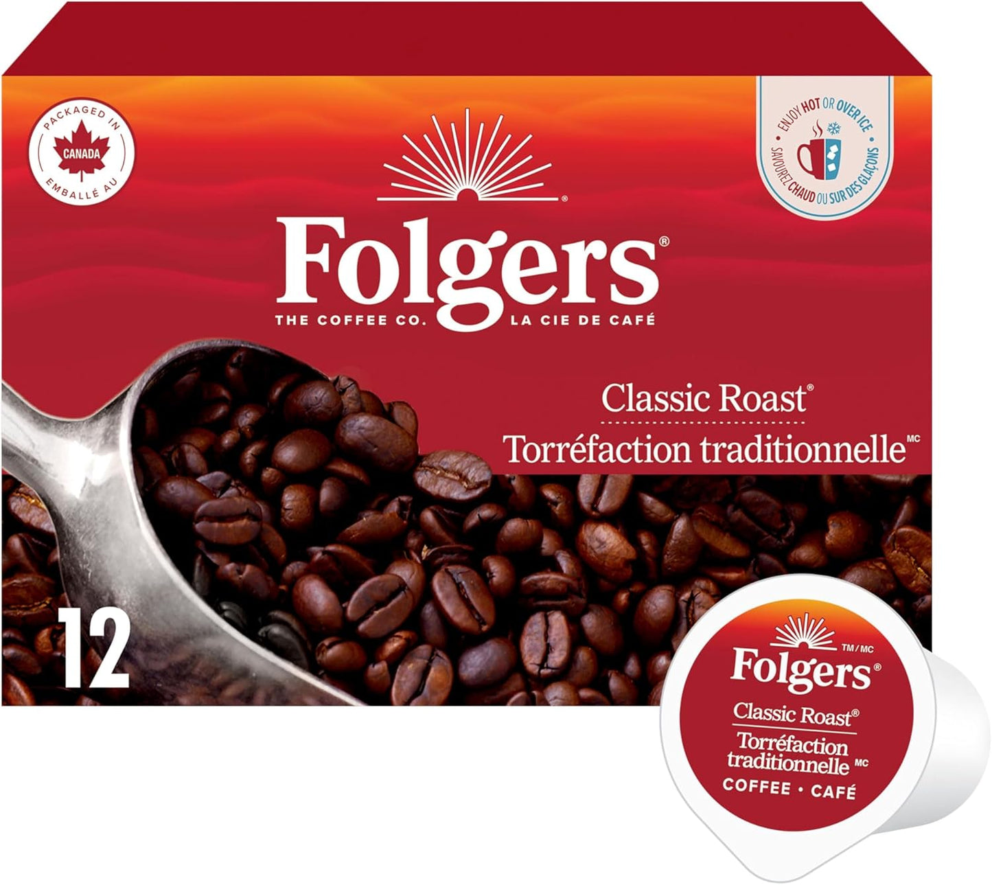 Folgers Classic Roast Medium Coffee Pods, Single Serve One Cup Pods made with Arabica Beans for Hot or Iced Drinks, 12 Count (Pack of 1)