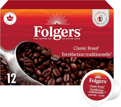 Folgers Classic Roast Medium Coffee Pods, Single Serve One Cup Pods made with Arabica Beans for Hot or Iced Drinks, 12 Count (Pack of 1)