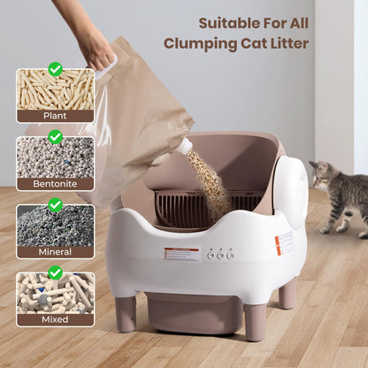 KITPLUS Self Cleaning Litter Box for Multiple Cats, Automatic Cat Litter Box with APP Control, Large Capacity Waste Bin for Odor-Free Disposal, Includes Trash Bags and Safety Features, Open-Top Design
